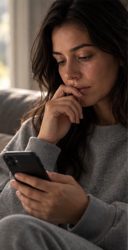 Mujer mirando su teléfono, pensativa.